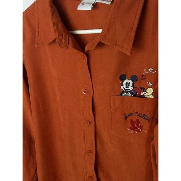 Disney Unisex XL Long Sleeve Button Up Mickey Mouse Soft Just Chillin Shirt - Picture 8 of 10
